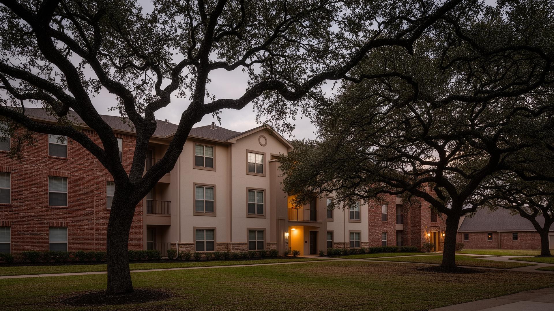 A Texas multifamily property at dusk, framed by mature live oak trees.